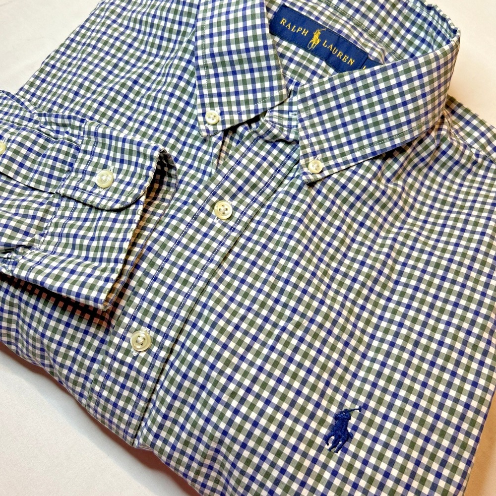 Ralph‎ Lauren Mens Size Large Blue Gingham Check Plaid Long Sleeve Button Down